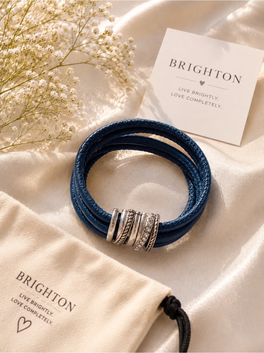 Brighton Navy Multi-Strand Leather Bracelet with Silver Accents 7.25